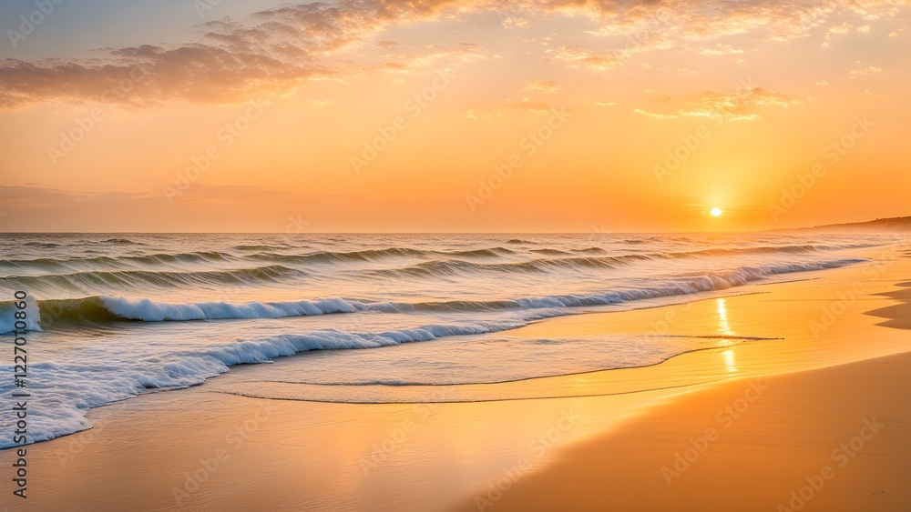 Serene sunset over a sandy beach with gentle waves lapping the shore. Serene sunset over a sandy beach with gentle waves lapping the shore.