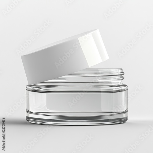 Minimalist clear glass jar with white lid for cosmetic or skincare products photo