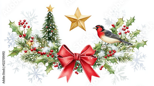 Christmas wreath with red ribbon bow greeting card. Xmas tree and holly berry branch with gold star, snow and bullfinch festive banner, edged by snowflake for winter holidays design