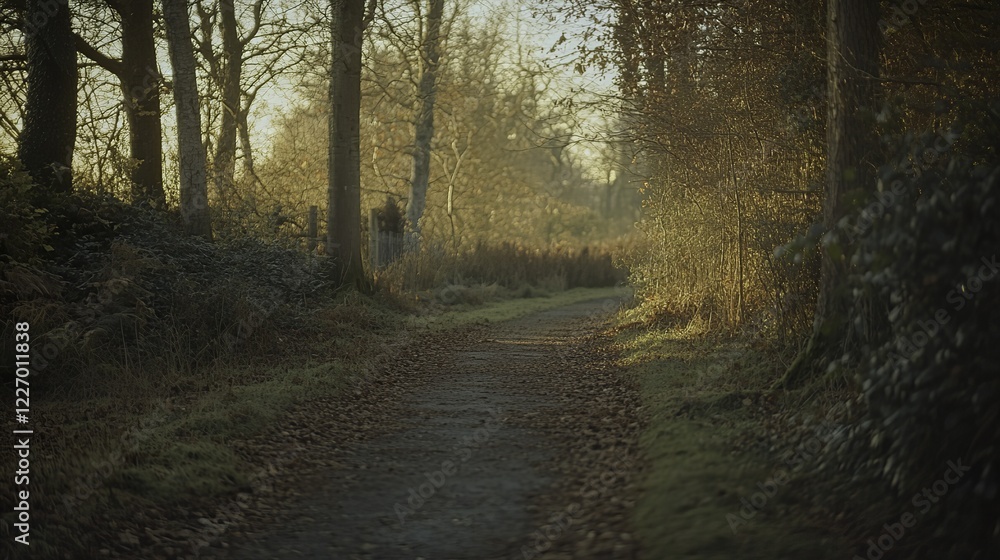 Obraz premium Golden sunlight illuminates a tranquil forest path, evoking peace and natural harmony.