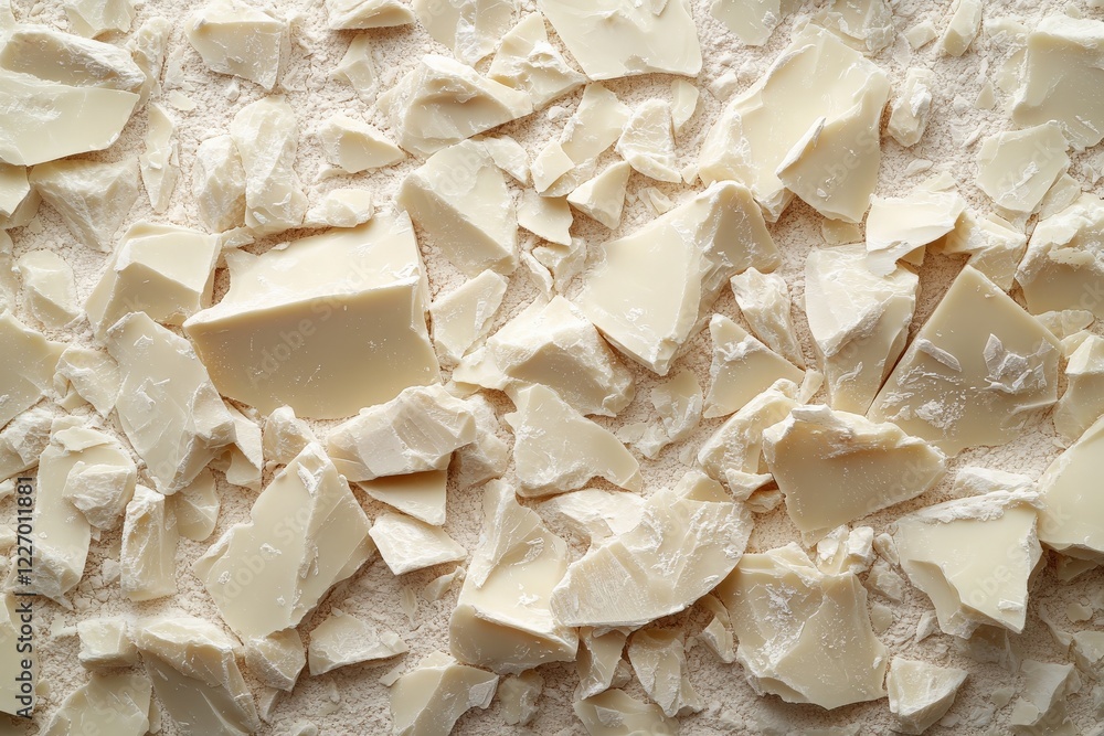 Crushed white chocolate pieces scattered on a surface for baking and dessert preparation Crushed white chocolate pieces scattered on a surface for baking and dessert preparation