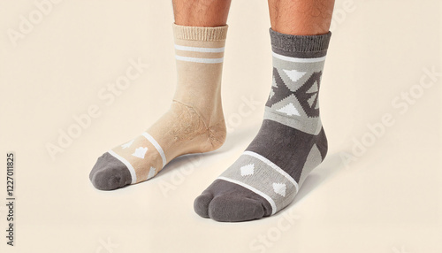 Fashionable mismatched socks on feet photo