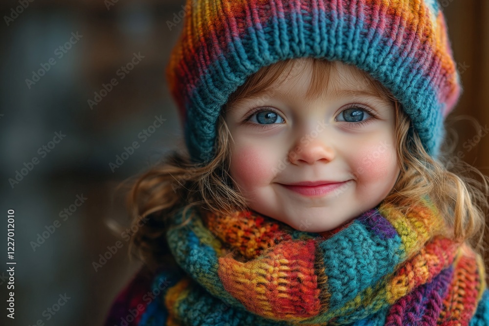 Young child smiles brightly in colorful winter attire with knitted hat and scarf during a cozy indoor setting Young child smiles brightly in colorful winter attire with knitted hat and scarf during a cozy indoor setting