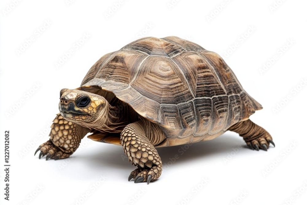 Obraz premium A young tortoise crawls on a white background.