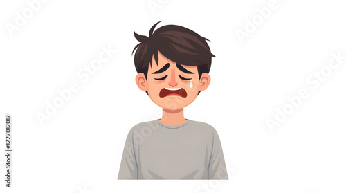 young boy depicted in a cartoon style. The boy has short, dark brown hair that is slightly tousled, giving a playful and casual appearance, sad boy