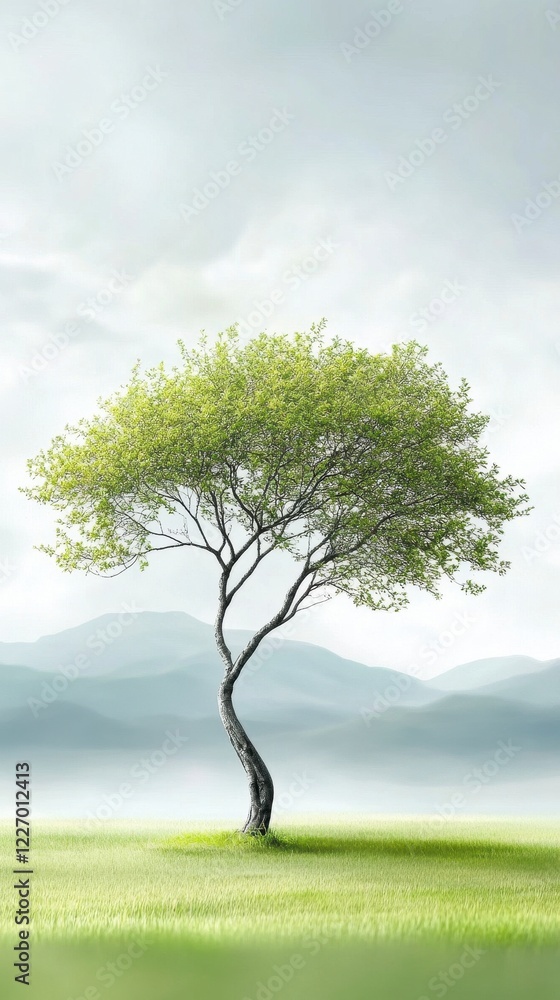 Fototapeta premium Serene Landscape Solitary Tree in Misty Mountain Field