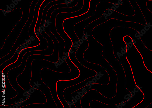 Abstract red contour lines on a black background. This vector illustration features smooth, flowing contour lines that create a modern and dynamic topographic design.