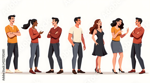 group of  peoples standing in a line, engaged in various forms of conversation and interaction. The group consists of both men and women, dressed in casual and business casual attire