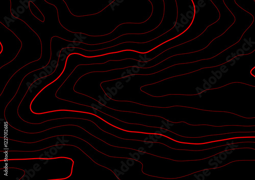 Abstract red contour lines on a black background. This vector illustration features smooth, flowing contour lines that create a modern and dynamic topographic design.