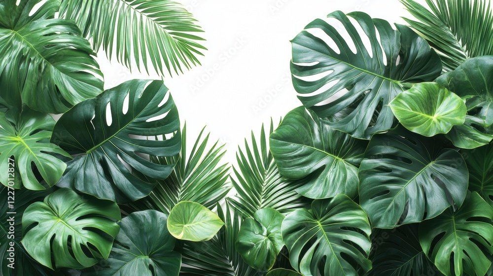 Tropical greenery background with monstera and palm leaves Tropical greenery background with monstera and palm leaves