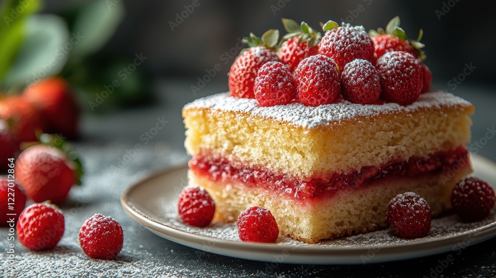 Delicious strawberry shortcake with fresh berries and powdered sugar on a plate Delicious strawberry shortcake with fresh berries and powdered sugar on a plate