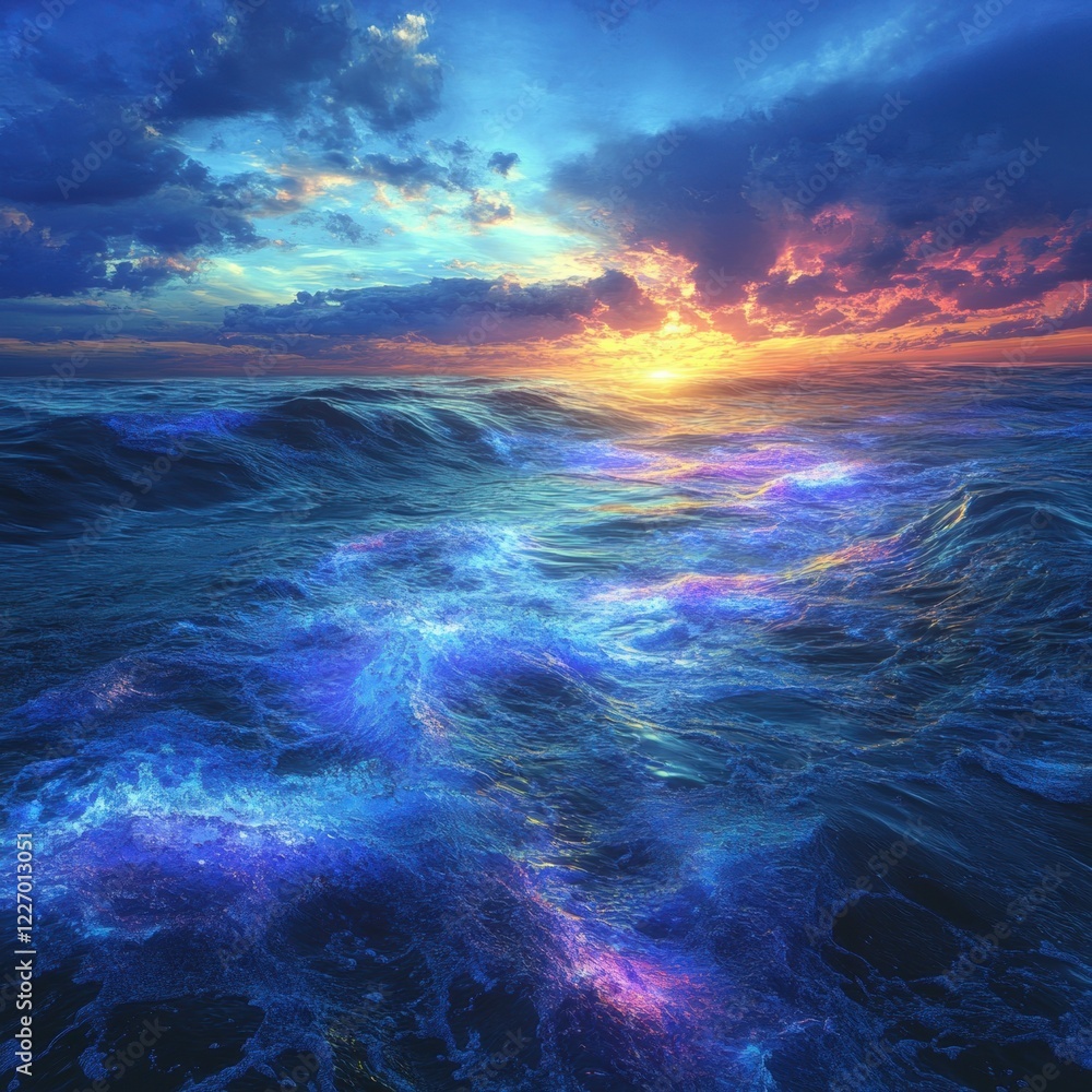 Fototapeta premium Stunning bioluminescent ocean waves under vibrant sunset skies capturing nature's majesty