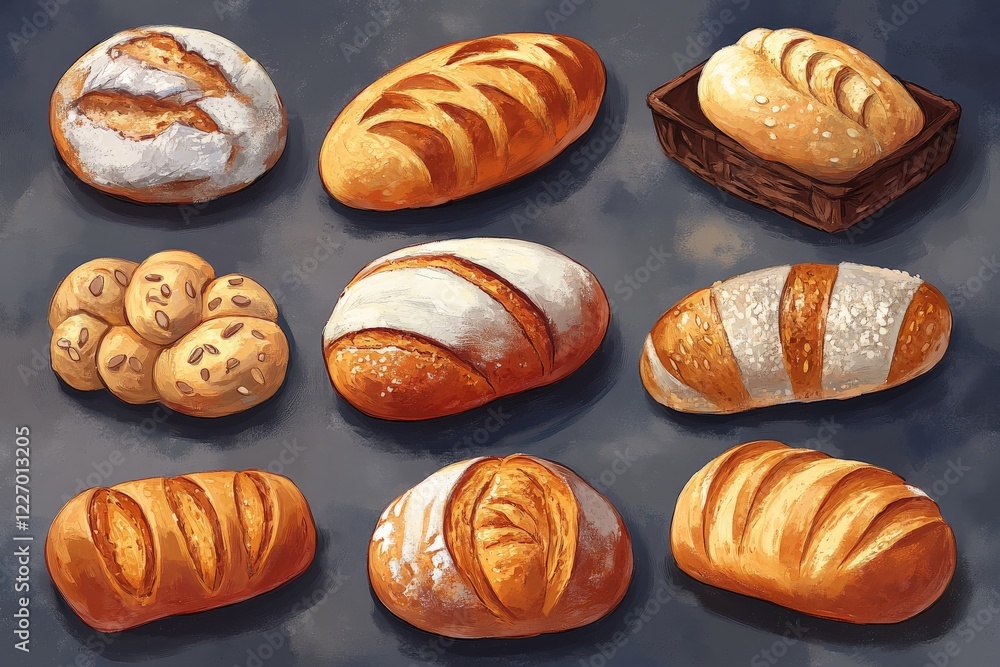Freshly baked assorted breads in various shapes and sizes on a dark background at a bakery display Freshly baked assorted breads in various shapes and sizes on a dark background at a bakery display