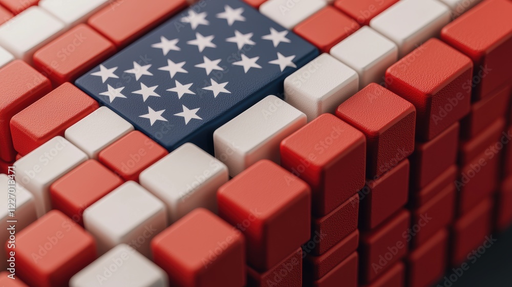 A creative arrangement of red and white cubes forms a striking design, prominently featuring the American flag in the center. A creative arrangement of red and white cubes forms a striking design, prominently featuring the American flag in the center.