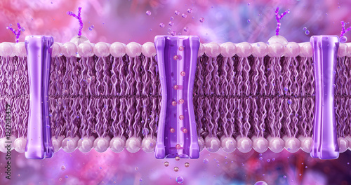 Fototapeta Naklejka Na Ścianę i Meble -  Cell membrane structure and function. The lipid bilayer with embedded proteins and glycoproteins. Plasma membrane molecular transport, cellular signaling, cell integrity. Cell biology, biochemistry 3D