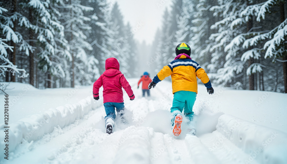 Children playing in snow against a forest backdrop Children playing in snow against a forest backdrop