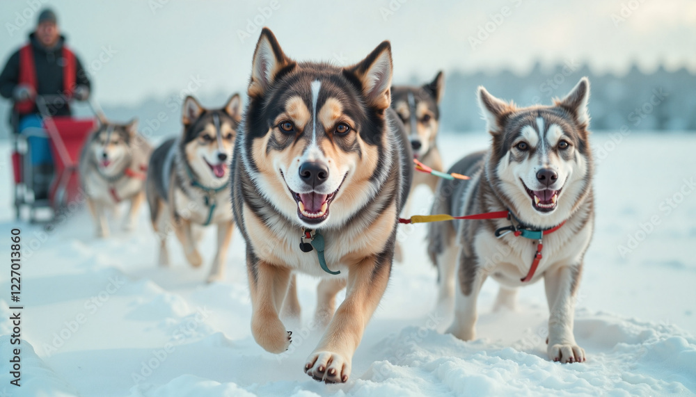 Sled dogs running joyfully through snowy landscape Sled dogs running joyfully through snowy landscape
