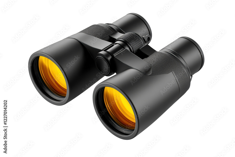Isolated Black Binoculars with Yellow Lenses, Observation Tool Isolated Black Binoculars with Yellow Lenses, Observation Tool