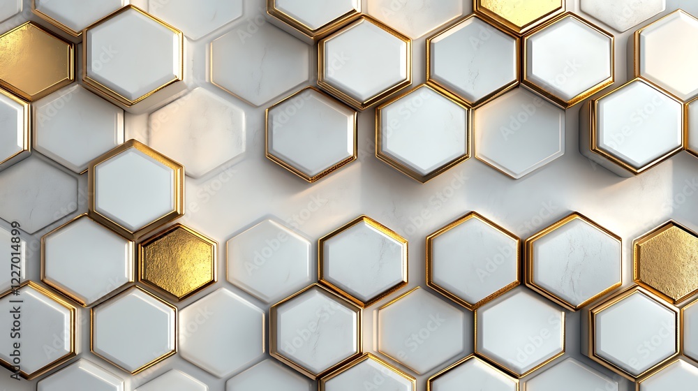3D white and gold color hexagon tiles pattern shape background 3D white and gold color hexagon tiles pattern shape background