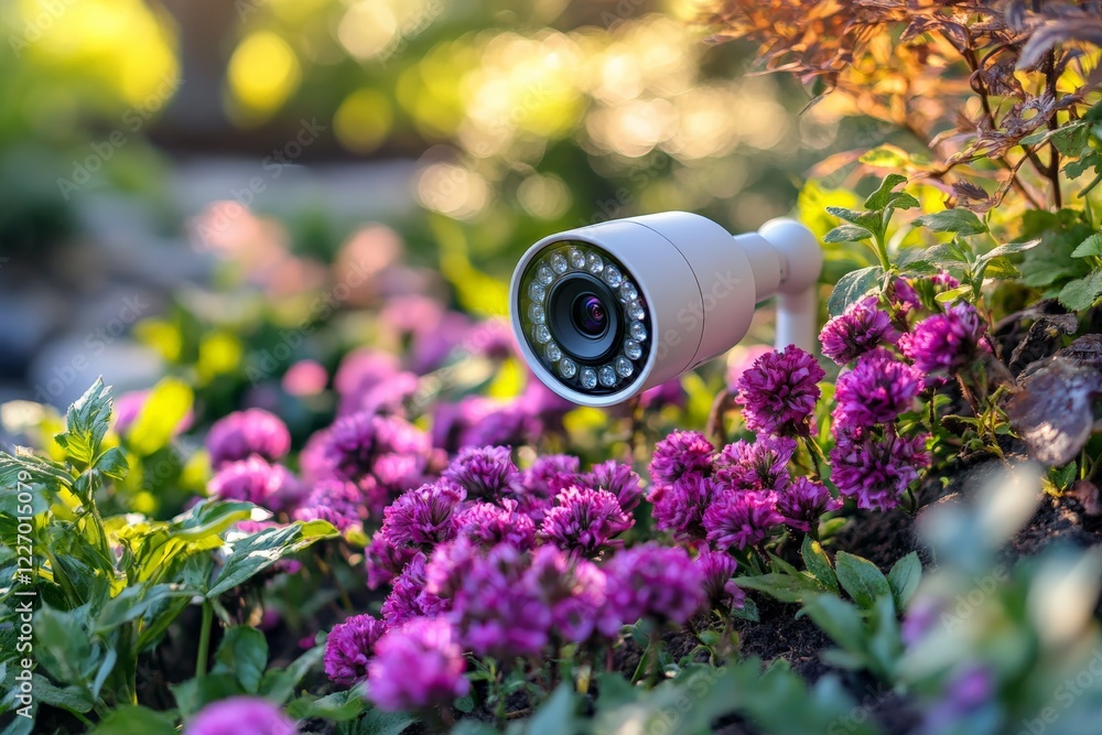 Camera monitors blooming flowers in a vibrant garden under soft sunlight during early evening hours Camera monitors blooming flowers in a vibrant garden under soft sunlight during early evening hours