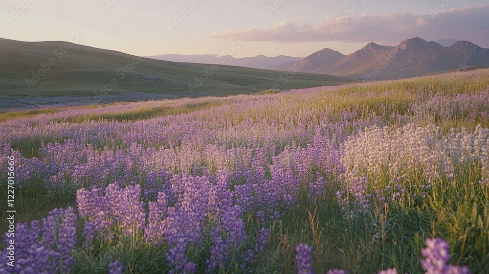 Obraz premium Sunset Lupine Field, Mountain Landscape, Peaceful Pastoral Scene
