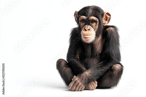 Adorable young chimpanzee sitting on white background. photo