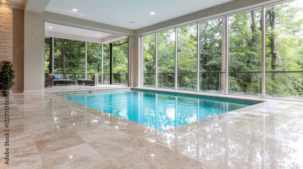 Fototapeta premium Indoor pool with large windows overlooking a lush forest