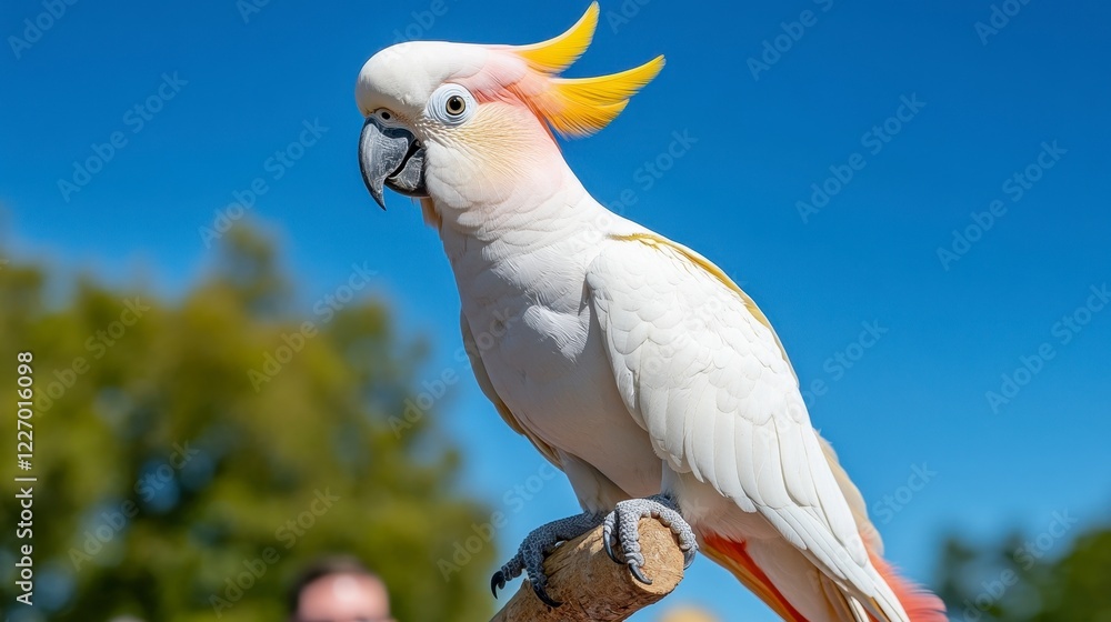 Vibrant White Cockatoo with Yellow Crest Against Clear Blue Sky Vibrant White Cockatoo with Yellow Crest Against Clear Blue Sky