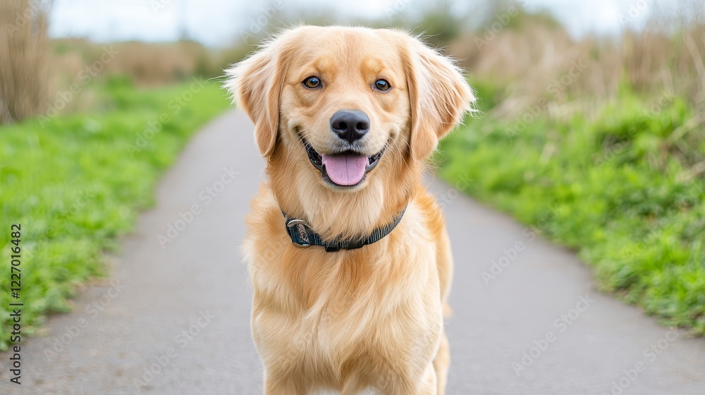 Happy Golden Retriever Dog Standing on a Pathway in a Green Field Happy Golden Retriever Dog Standing on a Pathway in a Green Field
