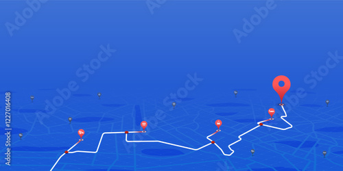 Highway disruptions. Accident road. Closed turns of the route, road. Traffic detours on perspective map. Location tracks dashboard. Generic city map with signs of streets. Vector illustration