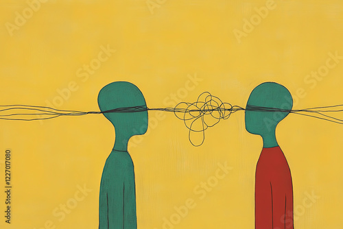This image features two abstract figures exchanging tangled lines representing thoughts, emotions, or mental connections amidst a vibrant yellow background.