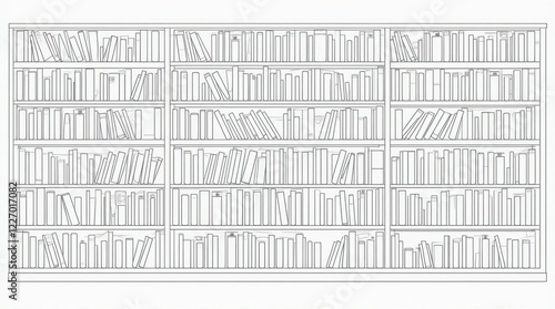 Detailed Line Art Illustration of a Bookshelf Filled with Books
