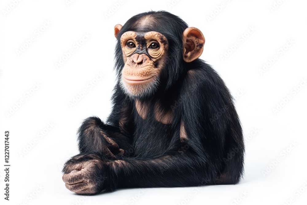 Fototapeta premium Adorable young chimpanzee sitting on white background.