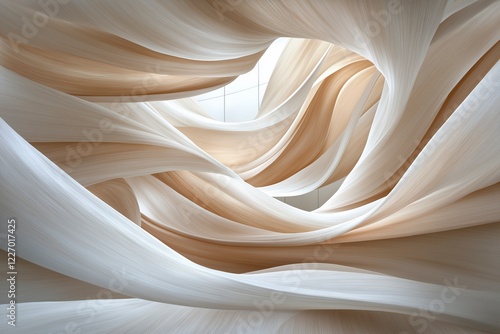 Flowing textures create a mesmerizing visual symphony in a soft, light-filled space with gentle curves and organic shapes. Generative AI