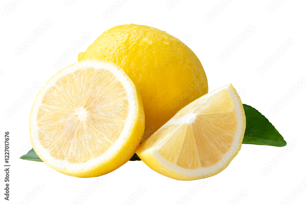 Side view of yellow lemon fruit with half slices and green leaves in stack isolated with clipping path in png file format Side view of yellow lemon fruit with half slices and green leaves in stack isolated with clipping path in png file format