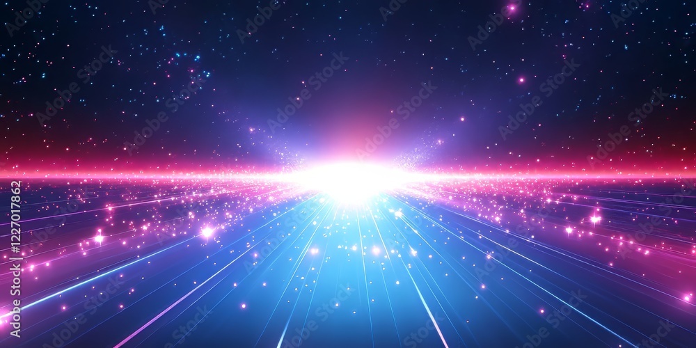 Fototapeta premium Vibrant Neon Grid with Light Trails Fading into a Dreamlike Horizon in Blue and Purple