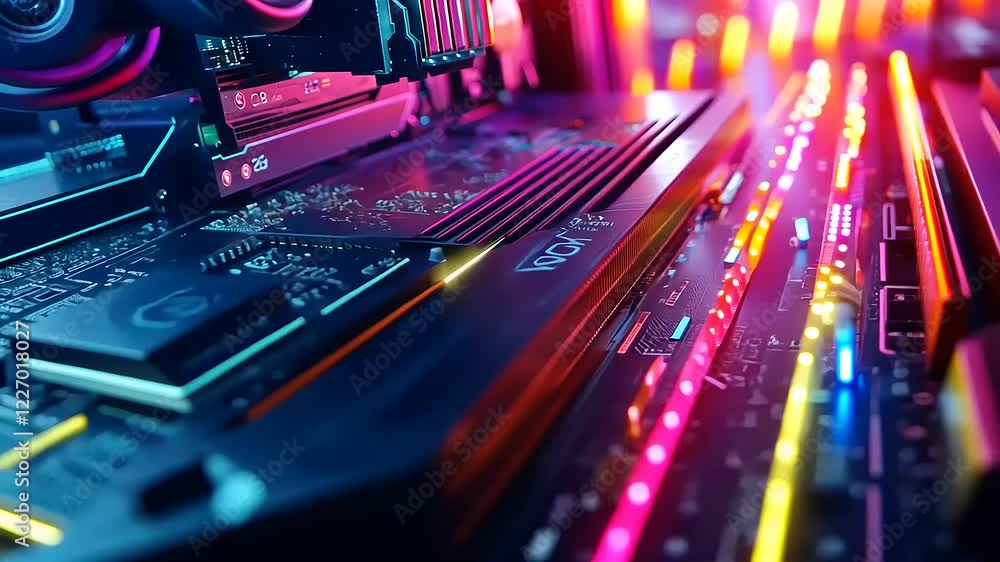Close-up of a colorful illuminated computer motherboard showcasing vibrant LED lights and components Close-up of a colorful illuminated computer motherboard showcasing vibrant LED lights and components
