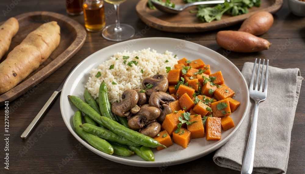 Aromatic Roasted Sweet Potato and Mushroom Dinner Plate with Rice and Green Beans Aromatic Roasted Sweet Potato and Mushroom Dinner Plate with Rice and Green Beans