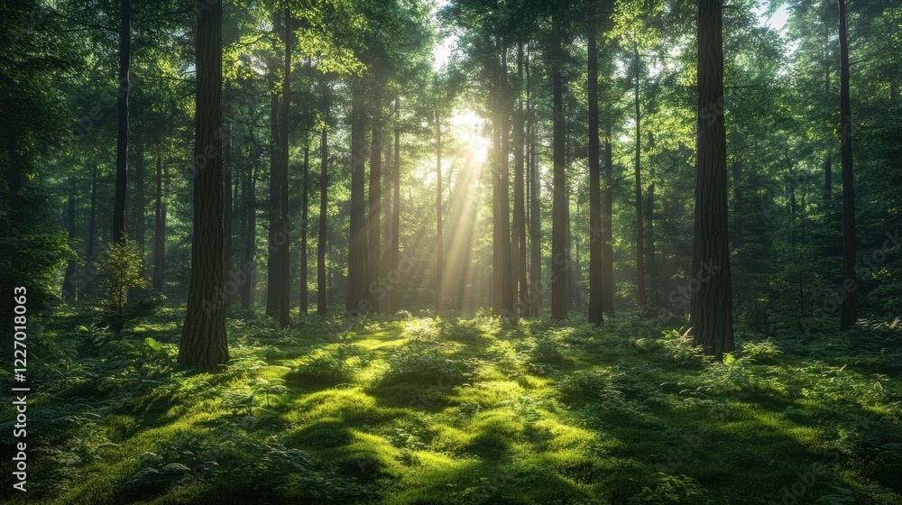 Obraz premium Sunlight streaming through lush forest trees creating a serene natural atmosphere