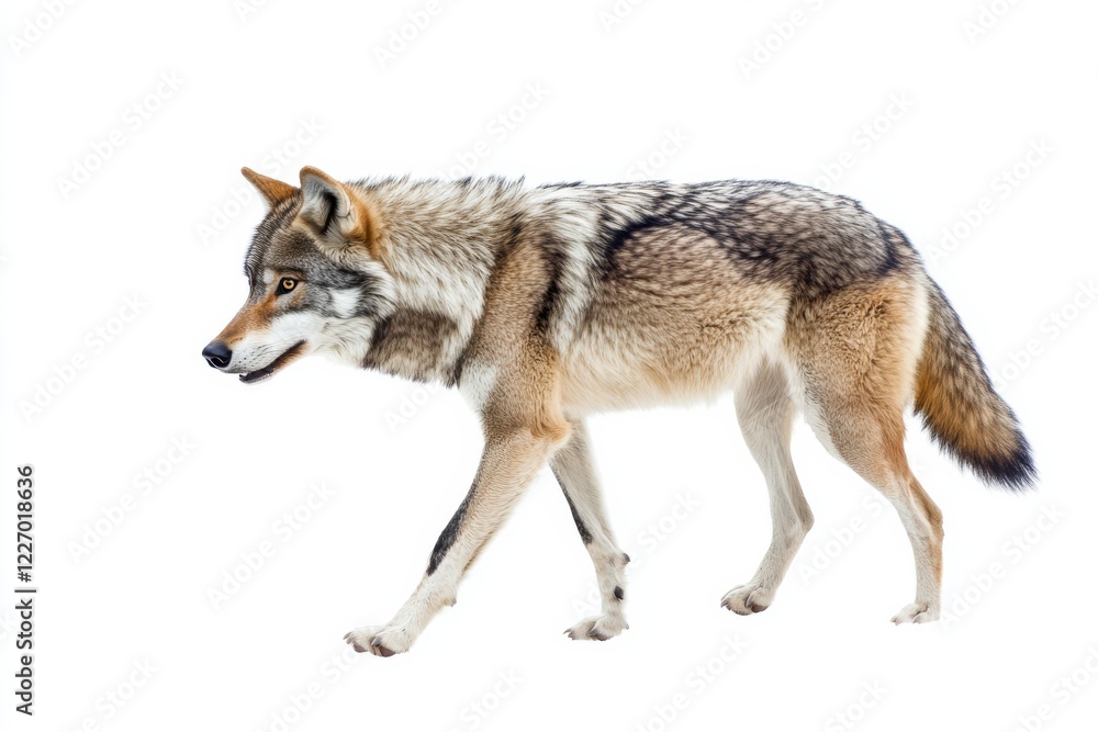 Fototapeta premium Gray wolf walking on white background