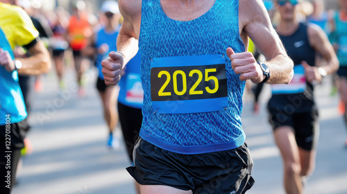 Close up of marathon runner wearing bib number 2025, showcasing determination and athleticism amidst crowd of participants. vibrant blue attire adds energy to scene