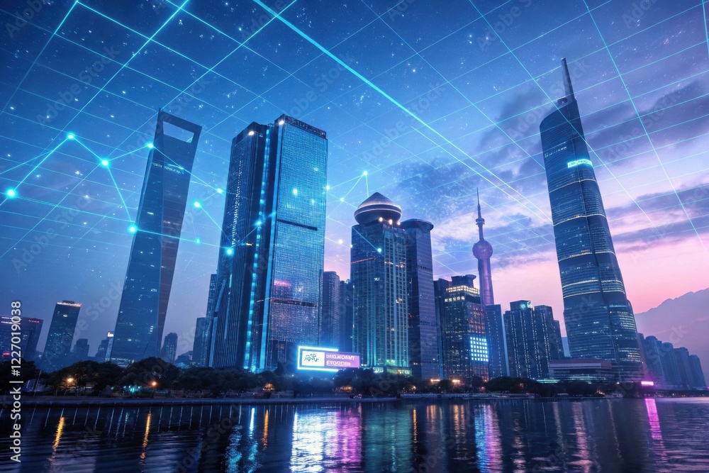A futuristic city skyline illuminated by neon lights, reflecting on water, with digital network patterns overlaying the scene. A futuristic city skyline illuminated by neon lights, reflecting on water, with digital network patterns overlaying the scene.