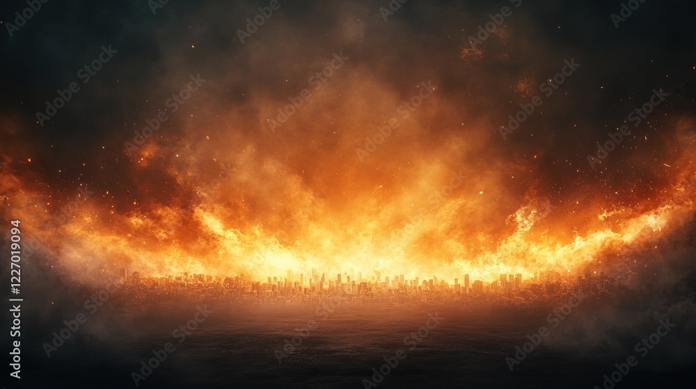 Fototapeta premium Fiery apocalypse cityscape with dramatic flames and smoke in the night