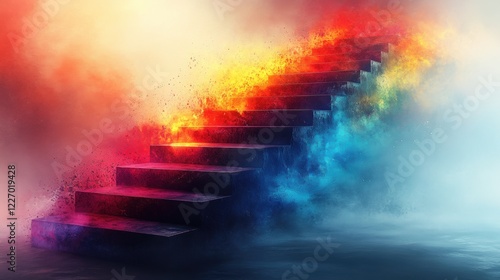 Surreal gradient stairway: dreamy step journey into vibrant colors and imagination photo