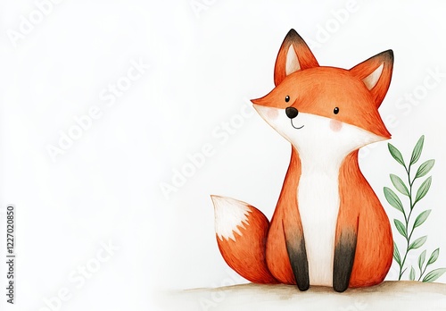 Adorable Red Fox Watercolor Illustration With Green Leaves On White