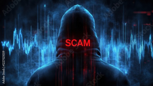 Hooded figure representing scam awareness dark environment digital art mysterious atmosphere rear view cybersecurity concept photo