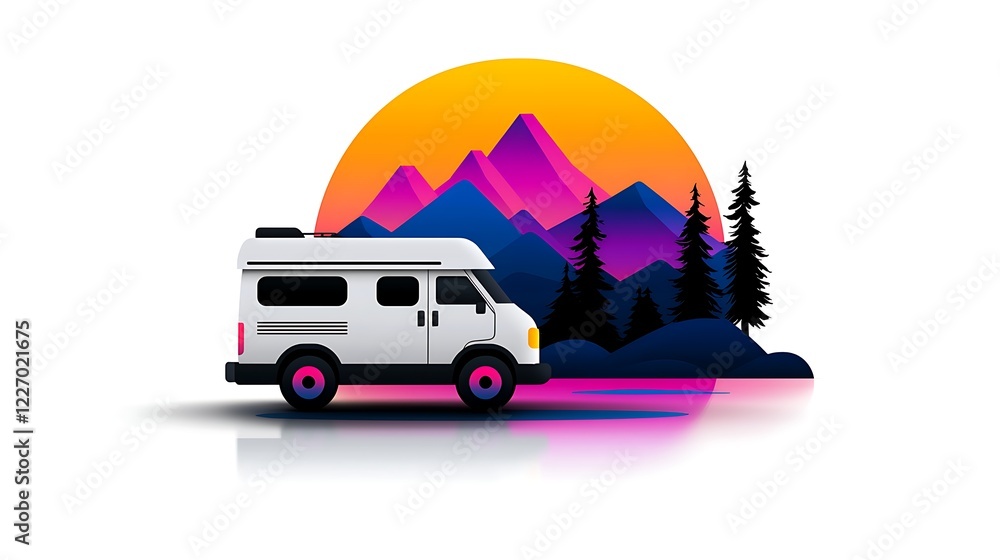 Obraz premium Retro Camper Van at Sunset in the Mountains