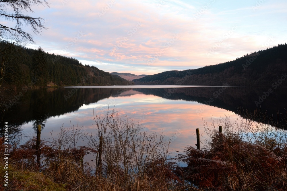 Sunrise Over Lake Gradient: A serene lake with a sky transitioning from pale pink at the horizon to deep blue at the top. Sunrise Over Lake Gradient: A serene lake with a sky transitioning from pale pink at the horizon to deep blue at the top.