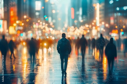 Silhouetted figure walking through a busy urban street filled with lights and people during a rainy evening photo