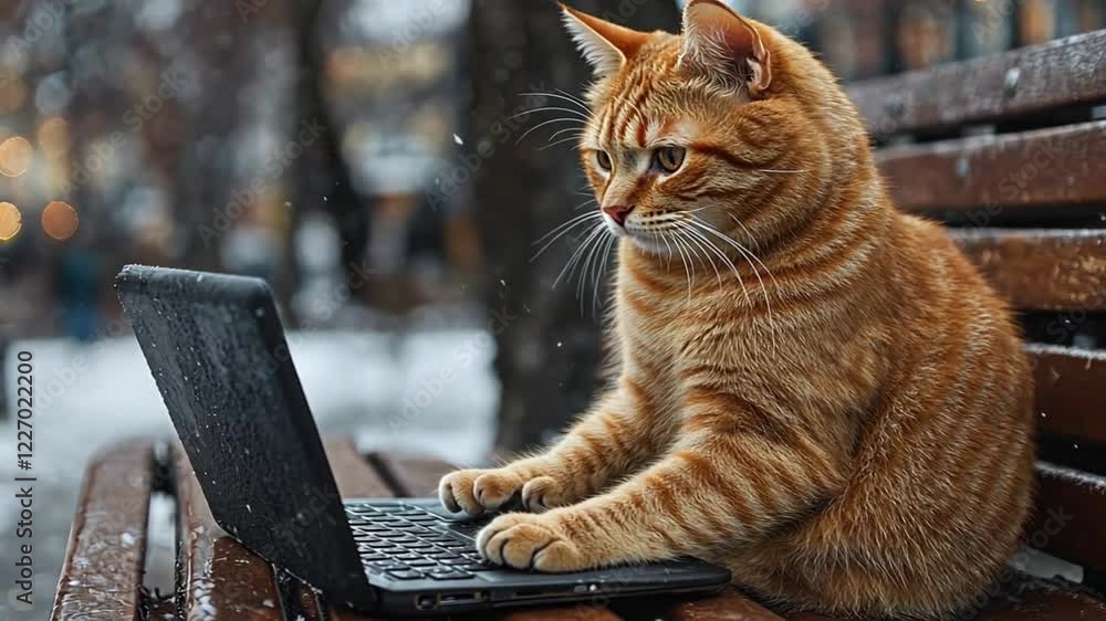 A cat typing on a laptop outdoors in a snowy setting. A cat typing on a laptop outdoors in a snowy setting.